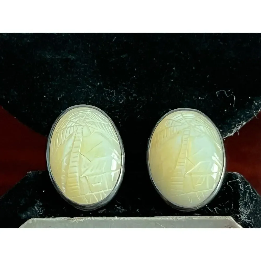 VTG Carved Mother of Pearl Sterling Silver Cufflinks Palm Tree Asian Beachy